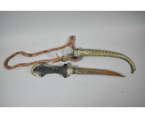 An Arabic Curved Blade Dagger with Wooden Handle and Mixed Metal Scabbard, 41cm Long 