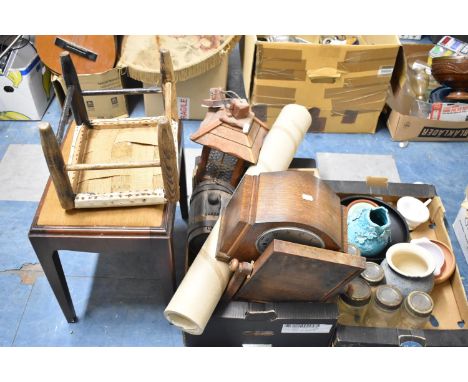 A Collection of Various Treenwares to Include Two Stools, Oak Clock, Swing Toilet Mirror, Oak Lantern, Costrel (AF) Together 