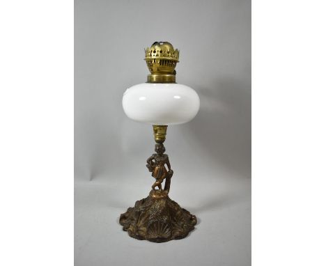 A Late 19th/Early 20th Century Case Metal Figural Oil Lamp, The Support in the Form of Girl with Basket, Opaque Glass Reservo
