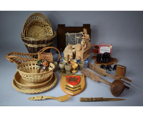 A Box Containing Various Wicker Baskets, Oak Barometer, Vintage Optic Pourers etc 