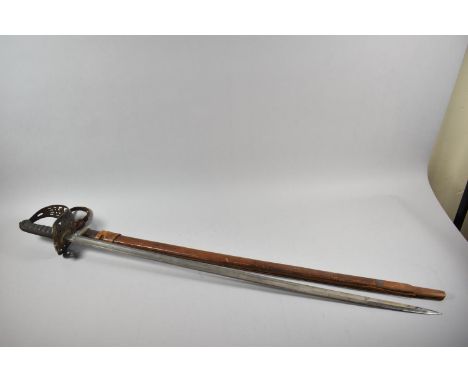 An Edward VII Infantry Officers Sword in Leather Mounted Scabbard with Engraved Blade, Pierced Guard and Shagreen Wired Handl