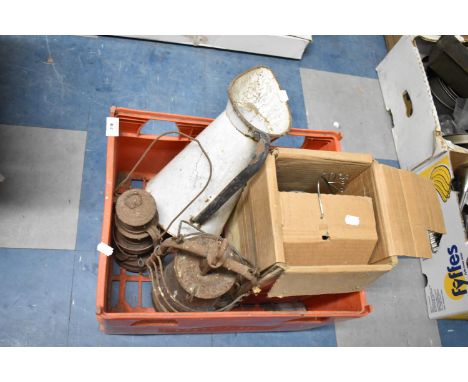 A Box Containing Three Hurricane Lamps and an Enamel Ewer 