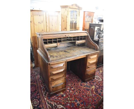 A Vintage Oak Roll Top Desk with Fitted Interior, In Need of Some Attention, 125cm wide 