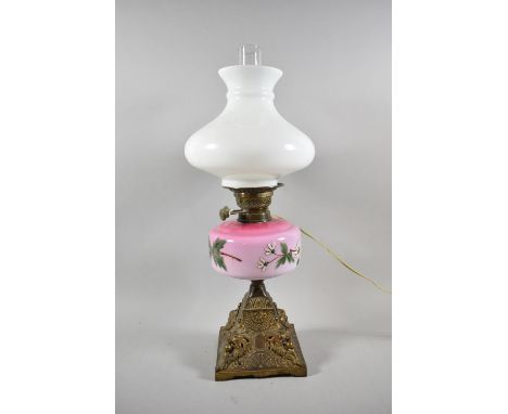 A Late 19th Century Gilt Metal Based Oil Lamp with Opaque Coloured Glass Reservoir Having Floral Painted Decoration, Opaque S