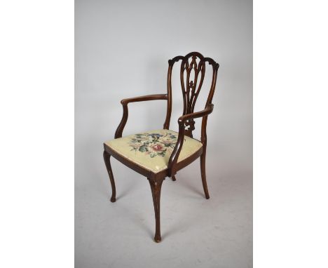 An Edwardian Mahogany Framed Ladies Armchair with Tapestry Upholstered Seat and Pierced Splat 