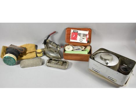 A Collection of Vintage Curios to Include Sirram Camping Stove in Tin, Vintage Electric Iron, Gas Mask, Shaving Ephemera etc 