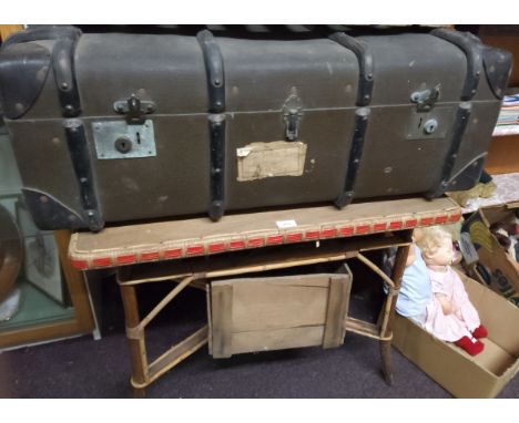 A mid 20th century wicker and softwood rounded rectangular conservatory table, 64cm high, 82cm wide;&nbsp; an early 20th cent