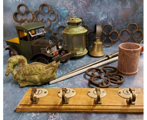 Boxes and Objects - a green verdigris cast metal duck;&nbsp; a coat hook;&nbsp; a lantern;&nbsp; a model car; knife sharpener