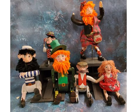 Pedal action puppet papier mache and wooden theatre figures, Scotsman, Sailor, Leprechaun, Morris man and Farmer&nbsp; and wi