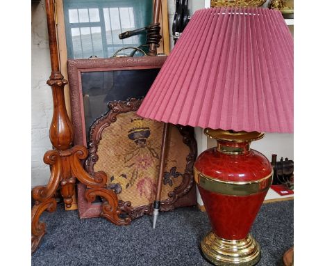 A Victorian pole screen, tapestry banner, c.1870;&nbsp; &nbsp;a shooting stick;&nbsp; two glazed display cases;&nbsp; a side 