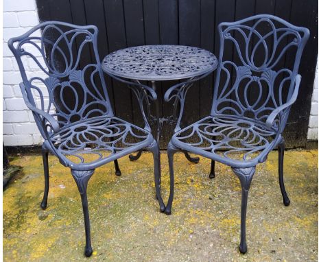 Outdoor furniture - a cast metal bistro set including table and two Art Nouveau inspired chairs, possibly by Nova outdoor fur
