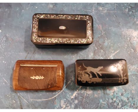 A Victorian papier mache snuff box, banded in abalone chips, 7.5cm wide, c.1860;&nbsp; others (3) 
