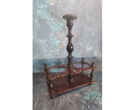 A 19th century French rosewood two-bottle decanter stand, turned posted ebony handle, 30cm high, c.1870 