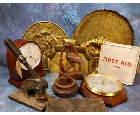 An Art Nouveau brass crumb tray;&nbsp; another;&nbsp; &nbsp;a Woodford mahogany mantel clock;&nbsp; a Russel barometer;&nbsp;