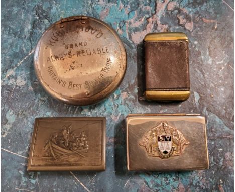 An early 20th century chrome snuff box, Robin Hood Brand Always Reliable, 7cm diam;&nbsp; a chrome snuff box, applied with ar