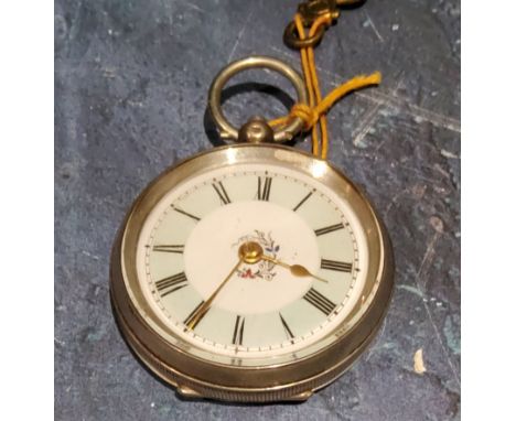 A continental&nbsp; silver open faced pocket watch, Roman numerals, green enamelled dial, the back engraved and chased, c.189