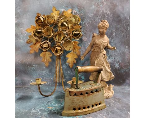 A French spelter figure, of a maiden, 36cm high;&nbsp; a French flat iron;&nbsp; a floral two light wall hanging candleholder