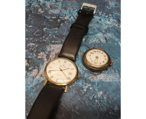 A 9ct gold B Place D'or presentation watch, quartz movement, white dial, Roman numerals, date aperture, later leather strap, 