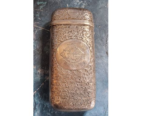 A Victorian silver rounded rectangular cigar/cheroot case. engraved and chased with scrolling foliage, monogrammed, Atkin Bro