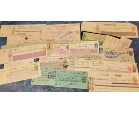 Londonderry &amp; Slough Swilby Railway Company cheque, 1914;&nbsp; others, Belfast Banking Company;&nbsp; &nbsp;Hibernian Ba