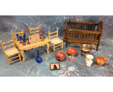 Doll House Accessories - a crib;&nbsp; side table;&nbsp; four kitchen chairs;&nbsp; glasses;&nbsp; decanter;&nbsp; &nbsp; vas