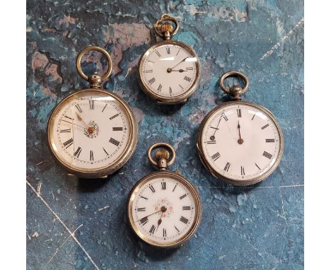 A lady's silver open faced pocket watch, Roman numerals, the back engraved and chased, c.1890;&nbsp; others, silver,&nbsp; va