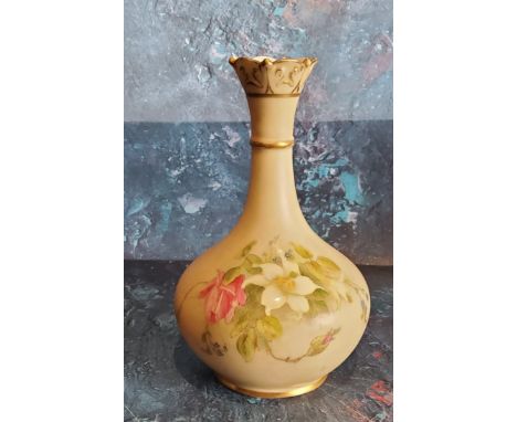 A Royal Worcester bottle vase, printed and painted with roses on a blush ivory ground, picked out in gilt, 13.5cm high, crown