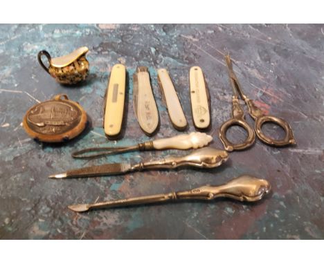 A Victorian mother-of-pearl folding pocket knife, Sheffield 1863;&nbsp; others, Coronation Souvenir;&nbsp; ivorine hafted;&nb