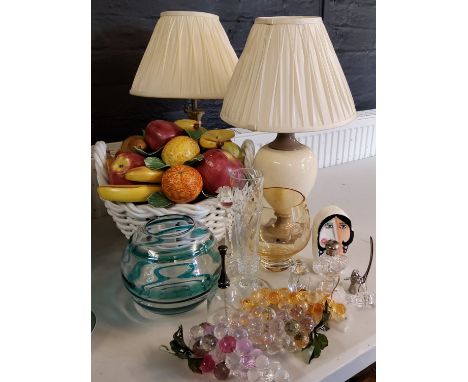 A large Capo-di-Monte basket of fruit;&nbsp; a Royal Doulton glass vase'&nbsp; others;&nbsp; a side light;&nbsp; etc 