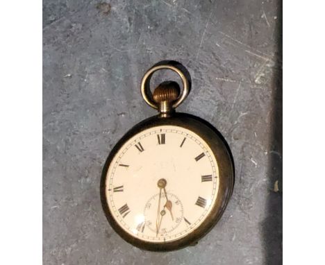 A continental&nbsp; silver open faced pocket watch, Roman numerals, subsidiary seconds dial, the back engraved and chased, im