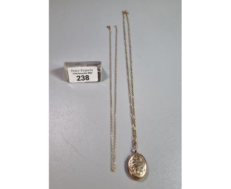9ct gold fine link chain.  1.9g approx.  together with another 9ct gold fine link chain with engraved locket.  8.5g approx.  