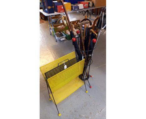 1960s wire work umbrella and stick stand together with a similar mesh and wire work magazine stand and a collection of sticks