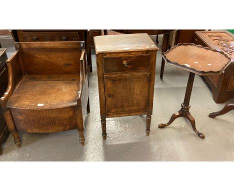 Collection of furnishing items to include: 19th century commode seat, tripod wine table and mid century mahogany pot cabinet/