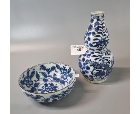 19th century Chinese blue and white double gourd vase , 18cm high approx. with a four character Kangxi mark to the base, toge