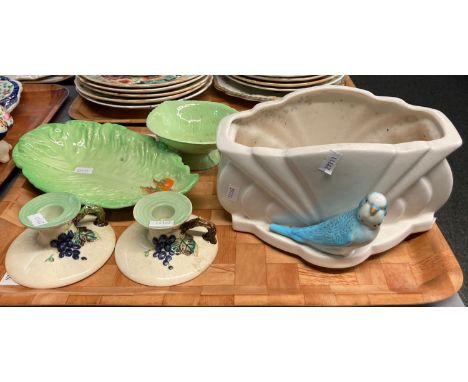 Tray of ceramics to include: pair of Carlton Ware dwarf type candlesticks decorated with grapes and vines, other Carlton Ware