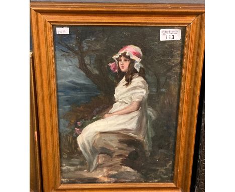 British School (late 19th early 20th century), portrait of a young girl, oils on board.  Possibly a preparatory work.  34x25c