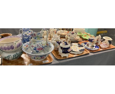 Three trays of 19th century ceramics and china to include: Gaudy Welsh teapots, plates, jugs etc., stone china jug and basin 