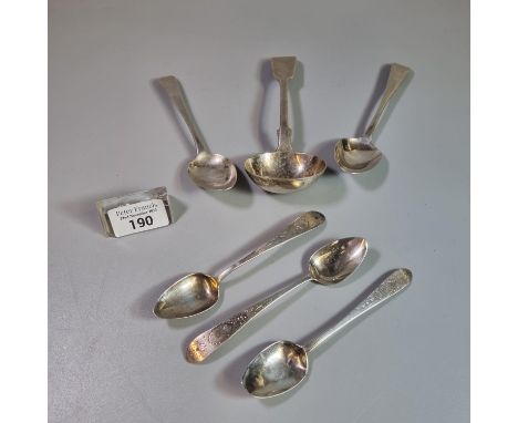 Collection of silver spoons and a ladle, some Dublin hallmarks. 5.9 troy oz approx. (B.P. 21% + VAT)  The ladle is a bit tarn