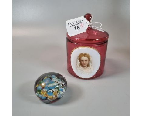 19th Century Bohemian cranberry glass jar and cover with hand painted portrait panel of a young lady, together with a small c