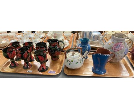 Set of six Gwili Pottery goblets with matching jug, together with another tray of ceramics to include: 19th century porcelain