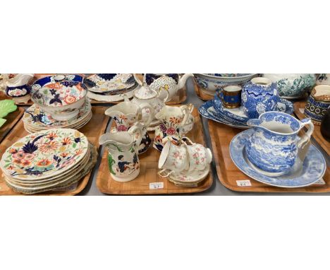 Three trays of assorted china to include: 19th century pouch shaped dresser jugs, Imari design plates and bowl, Paragon 'Vict