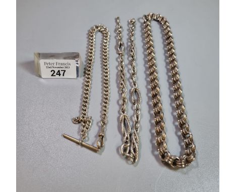 Silver T bar curb link pocket watch chain.  1.6 troy oz approx.  Together with another sterling silver chain 1.52 troy oz app