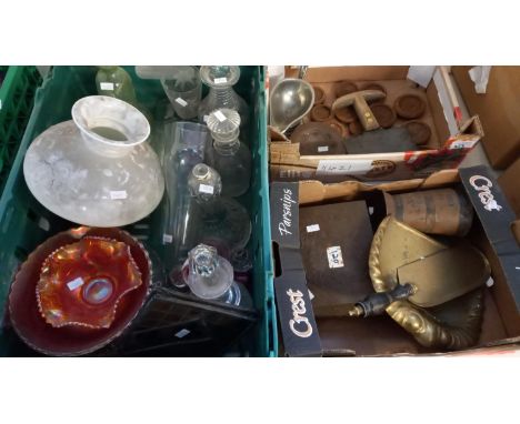 Box of assorted glass to include: decanter, Carnival glass and oil lamp shade, box of metalware to include: weights, heavy sa