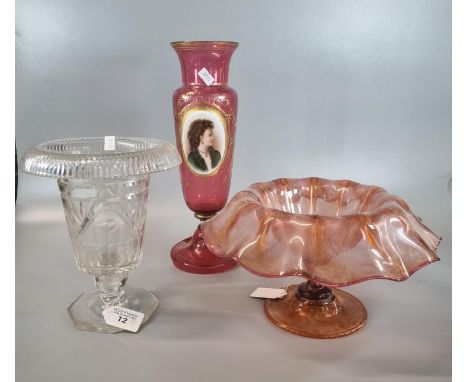 19th Century cranberry glass vase with central hand painted porcelain portrait of a young lady, together with a lead crystal 