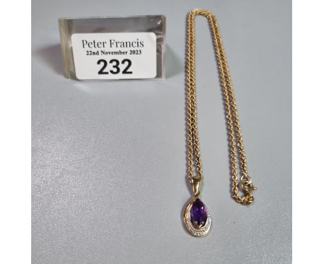9ct gold chain with 9ct gold and purple stone pendant. 3.6g approx. (B.P. 21% + VAT)  Length of chain: 18" approx.