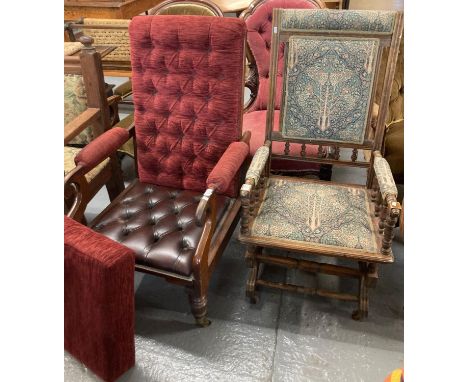 Victorian mahogany button back open armchair with later cushion and leather seat hidden, together with an early 20th century 