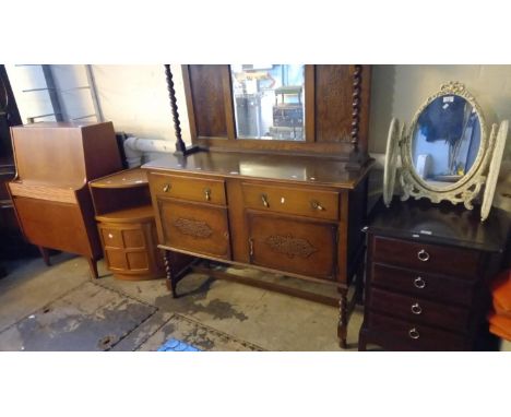 Group of mid century furniture items to include: Ercol type standing corner cupboard, teak fall front desk with similar corne