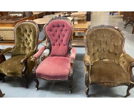Collection of three late Victorian button back fireside chairs, all with padded arms standing on turned/cabriole legs and som