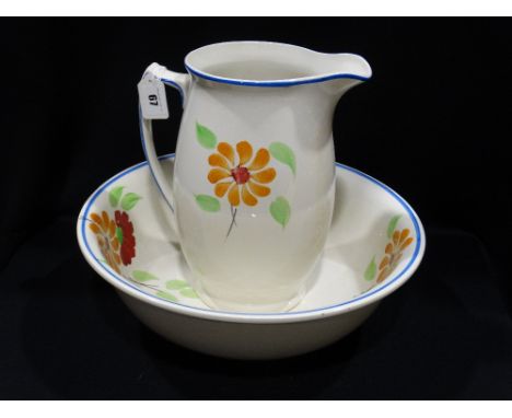         A Floral Painted Edwardian Pottery Wash Jug & Basin                             