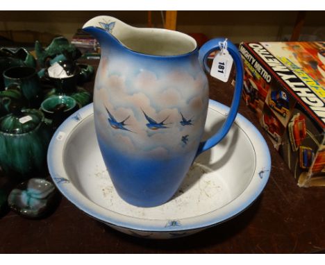         An Edwardian Blue Bird & Butterfly Printed Pottery Wash Jug & Basin             